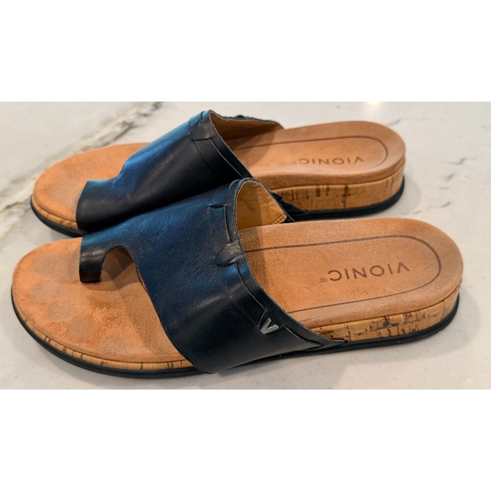 Vionic Cindy Nat Black Leather Toe Loop Slide Sandals Womens 9 Orthotic Comfort